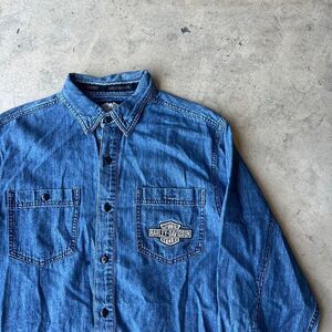 Harley Davidson y2k moto Mens M Back + Front hit Denim long sleeve button up